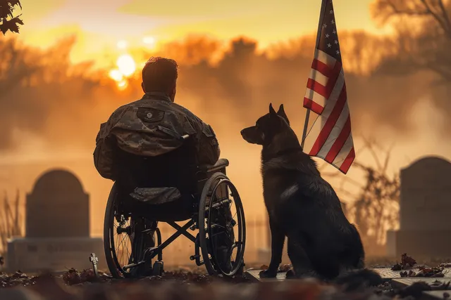 A wheelchair veteran sits among cemetery headstones at sunrise with a service dog and American flag in the background.