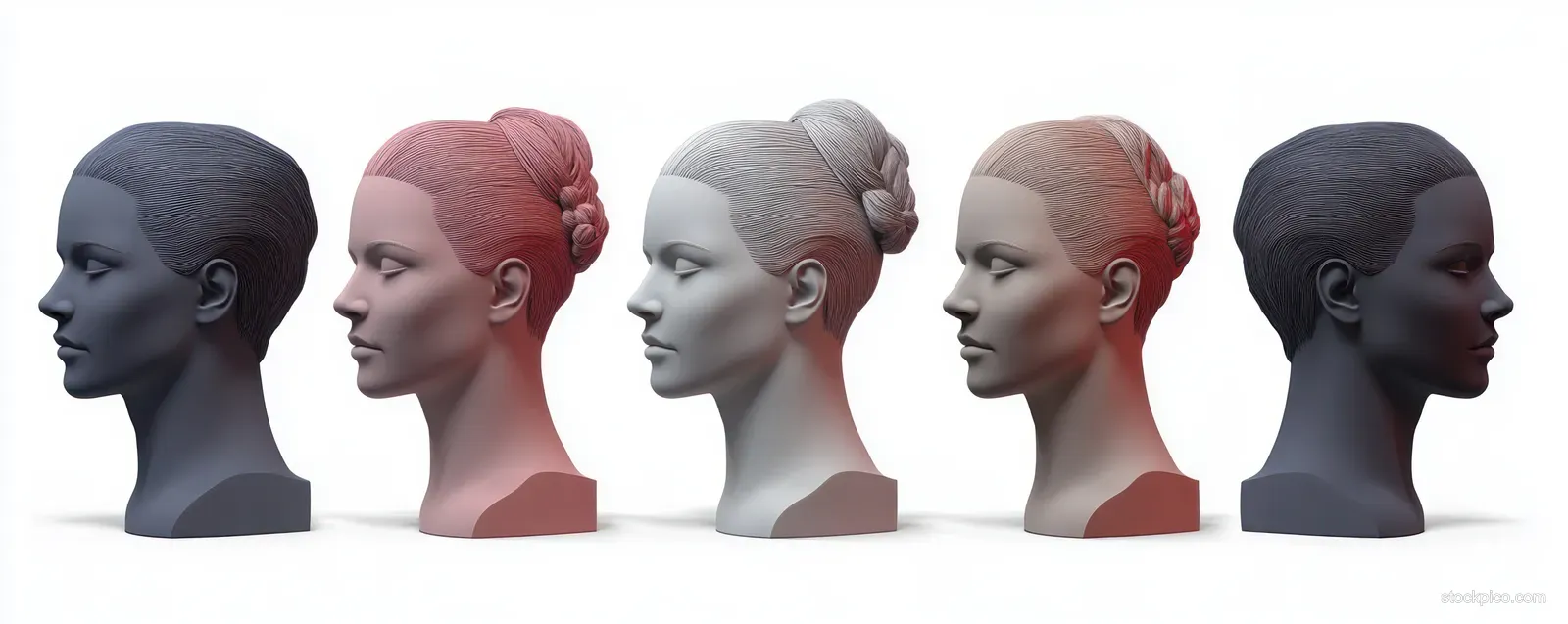 Five male side-profile head models depict progressing hair loss stages and hair transplant concept on a white background.