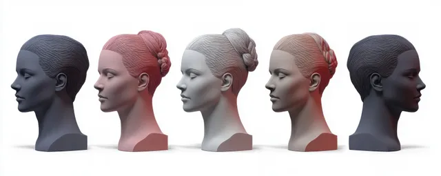 Five male side-profile head models depict progressing hair loss stages and hair transplant concept on a white background.