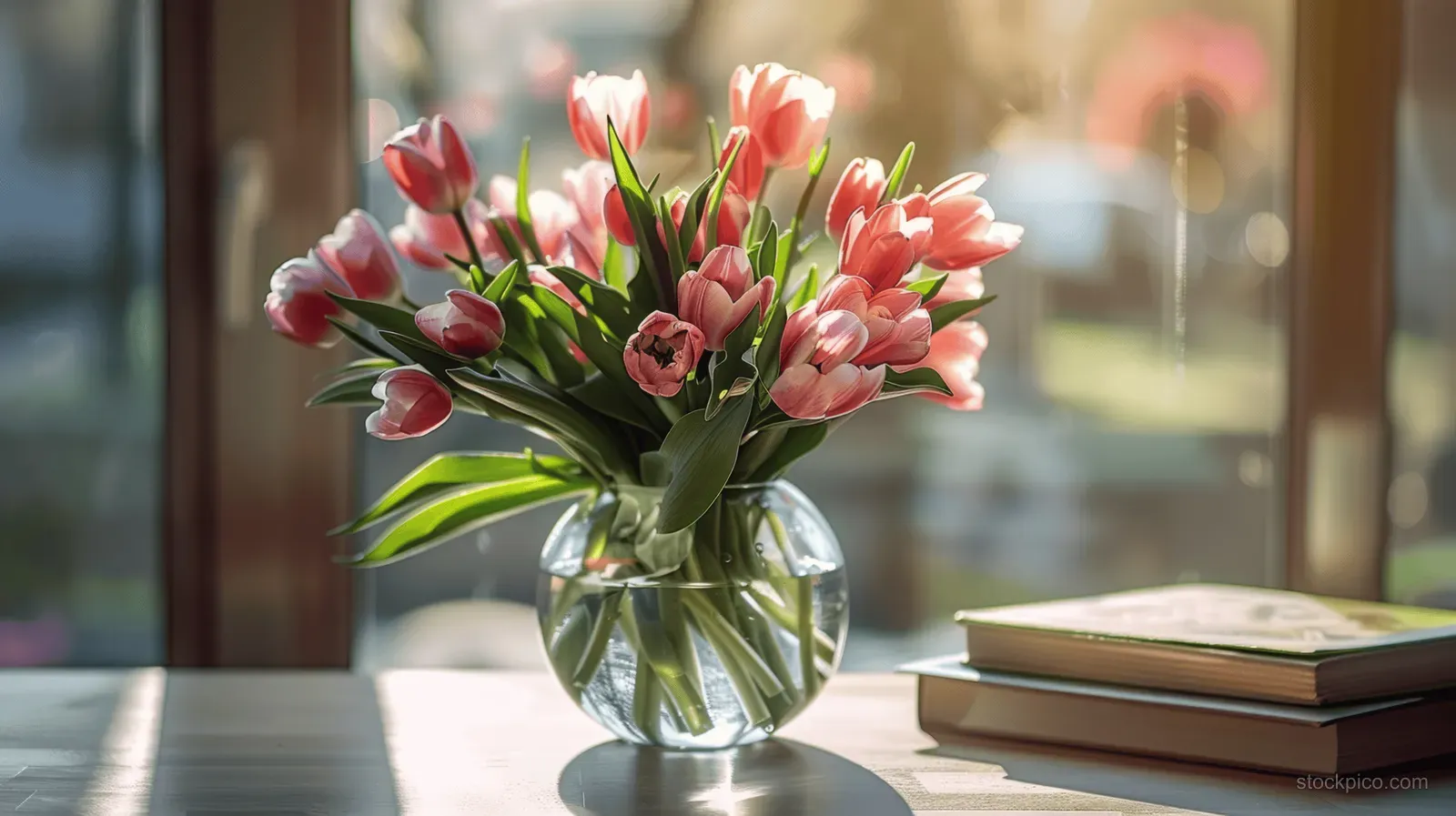 Pink tulip bouquet in a clear glass vase on a sunlit table beside an open window in a cozy room.