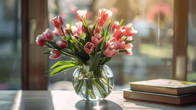 Pink tulip bouquet in a clear glass vase on a sunlit table beside an open window in a cozy room.