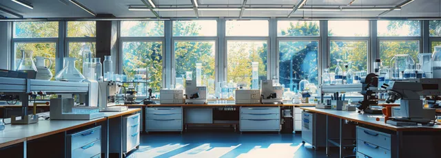 Bright modern laboratory interior with benches, microscopes, glassware, and daylight streaming through large windows.