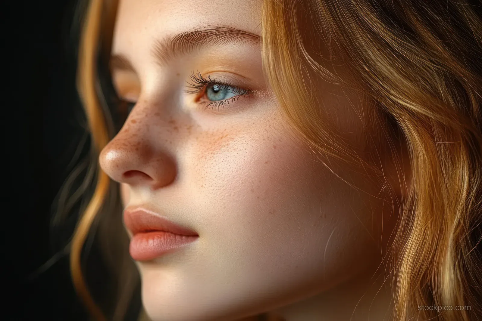 Side profile of a young woman with freckles and a small blemish on her nose.