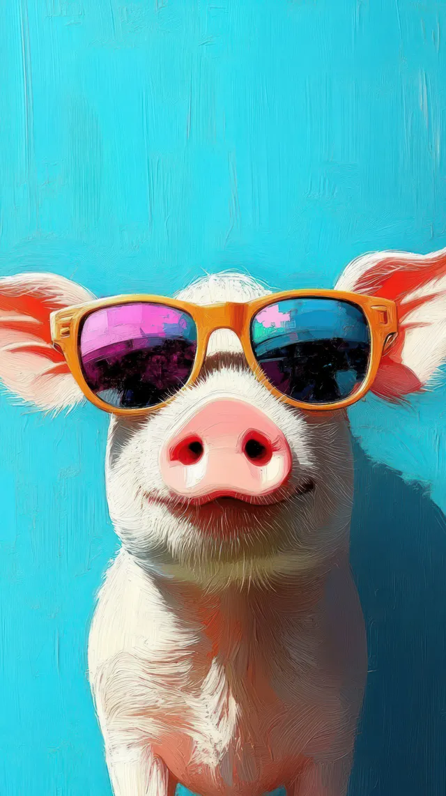 White pig close-up wearing oversized orange sunglasses with reflective lenses against a bright blue textured background.