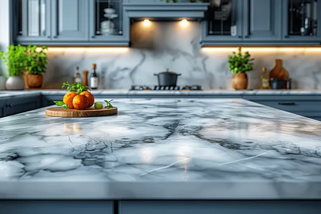 Blue kitchen cabinets frame a white marble countertop with a tray holding oranges and small potted herbs.