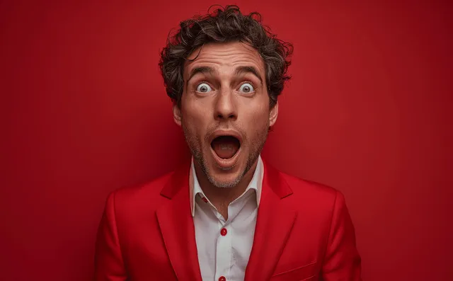 A young man in a red blazer stares at the camera with a shocked, wide-eyed expression on a solid red background.