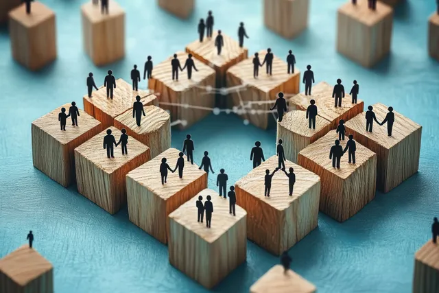 Miniature black figures stand and interact on interconnected wooden blocks arranged like a community network on a blue surface.