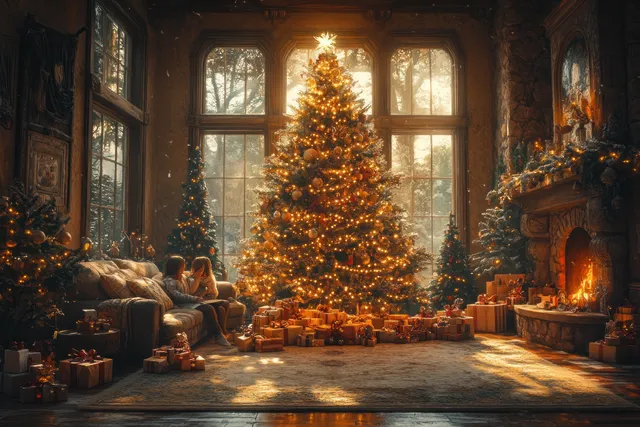 African American family embracing on a couch with Christmas gifts around them and a glowing tree in the background.