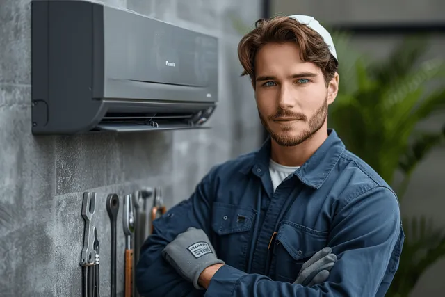 Young HVAC Technician Inspecting Indoor Split AC Unit in Home