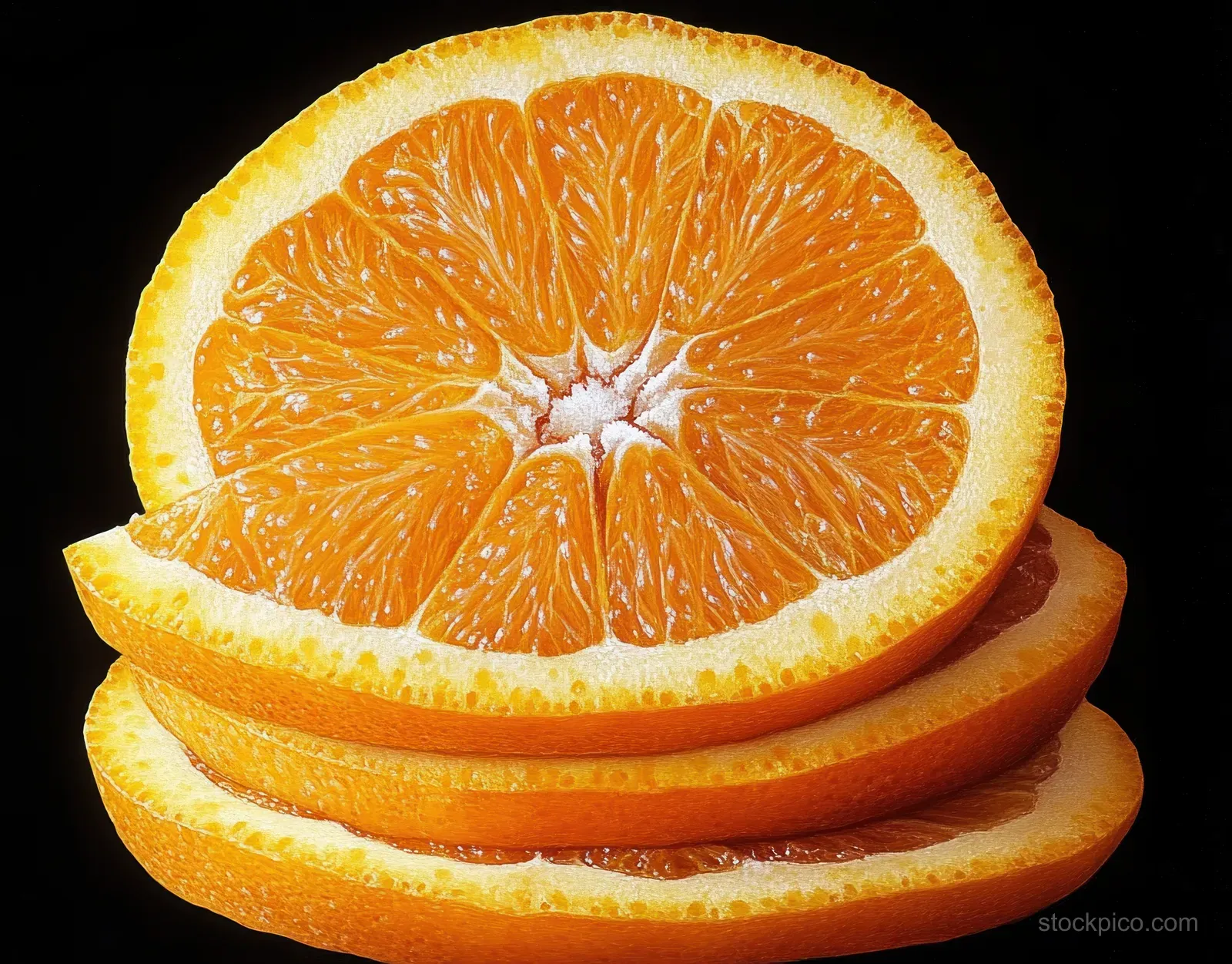 Three stacked orange slices display bright pulp segments and textured peel against a black background.