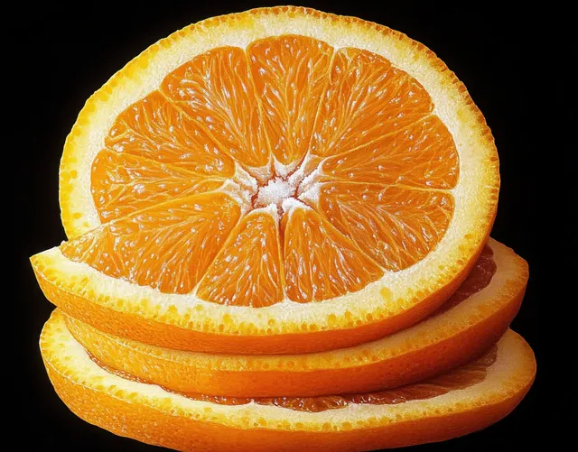 Three stacked orange slices display bright pulp segments and textured peel against a black background.