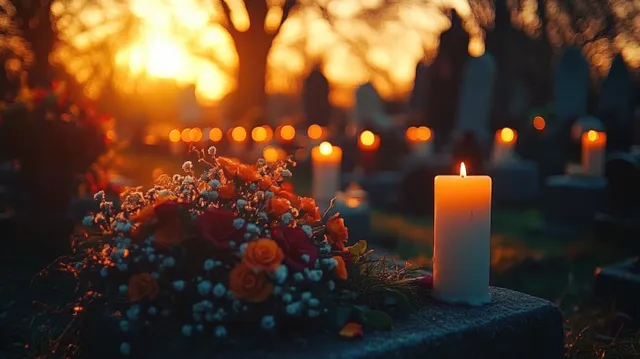 Candles and colorful cemetery flowers glowing at sunset, softly illuminating gravestones