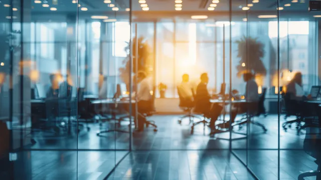 Office workers typing at desks, warm sunlight streaming through glass wall partitions