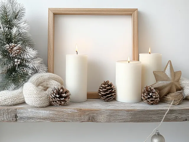 White candles and pinecones arranged on a rustic shelf below an empty wooden frame with soft light.