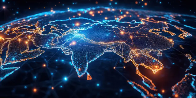 Glowing digital network map of Asia with data transfer lines over dark global background