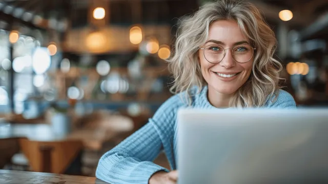 Smiling woman typing on a laptop at a cafe table with warm bokeh lights with Education And Study
