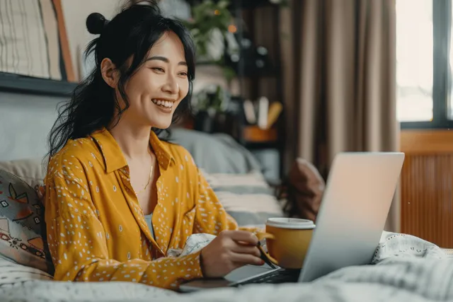 Smiling Asian woman in yellow shirt working on laptop on bed with coffee in bedroom