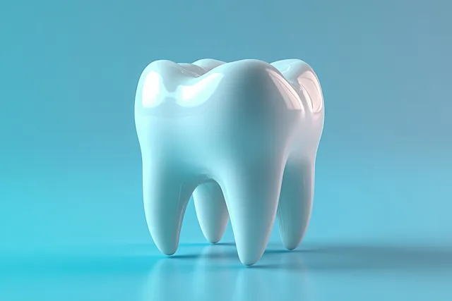 A glossy clean white tooth model stands upright on a reflective surface against a light blue background.