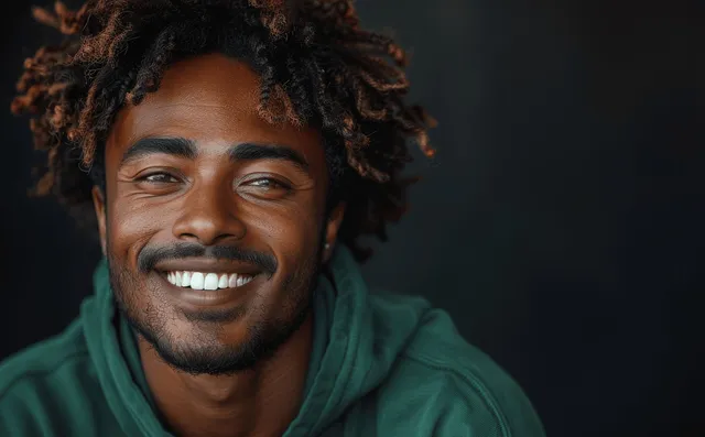 A young man with curly hair and a beard laughs while wearing a green hoodie in a studio close-up on a dark background.