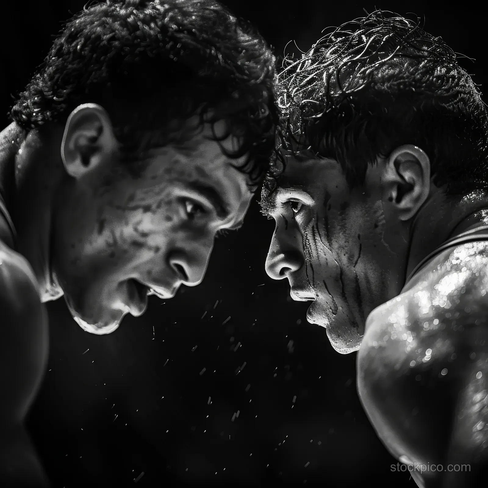 Two men in freestyle wrestling grapple on a mat, muscles tense and focused in close-up action.