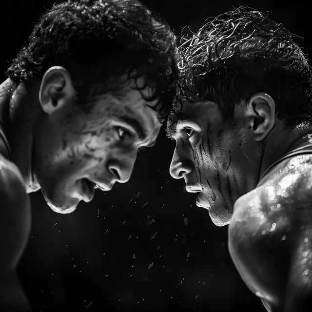 Two men in freestyle wrestling grapple on a mat, muscles tense and focused in close-up action.