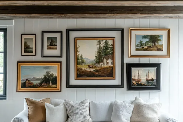 White couch with beige and white pillows under framed landscape paintings on a light paneled wall.