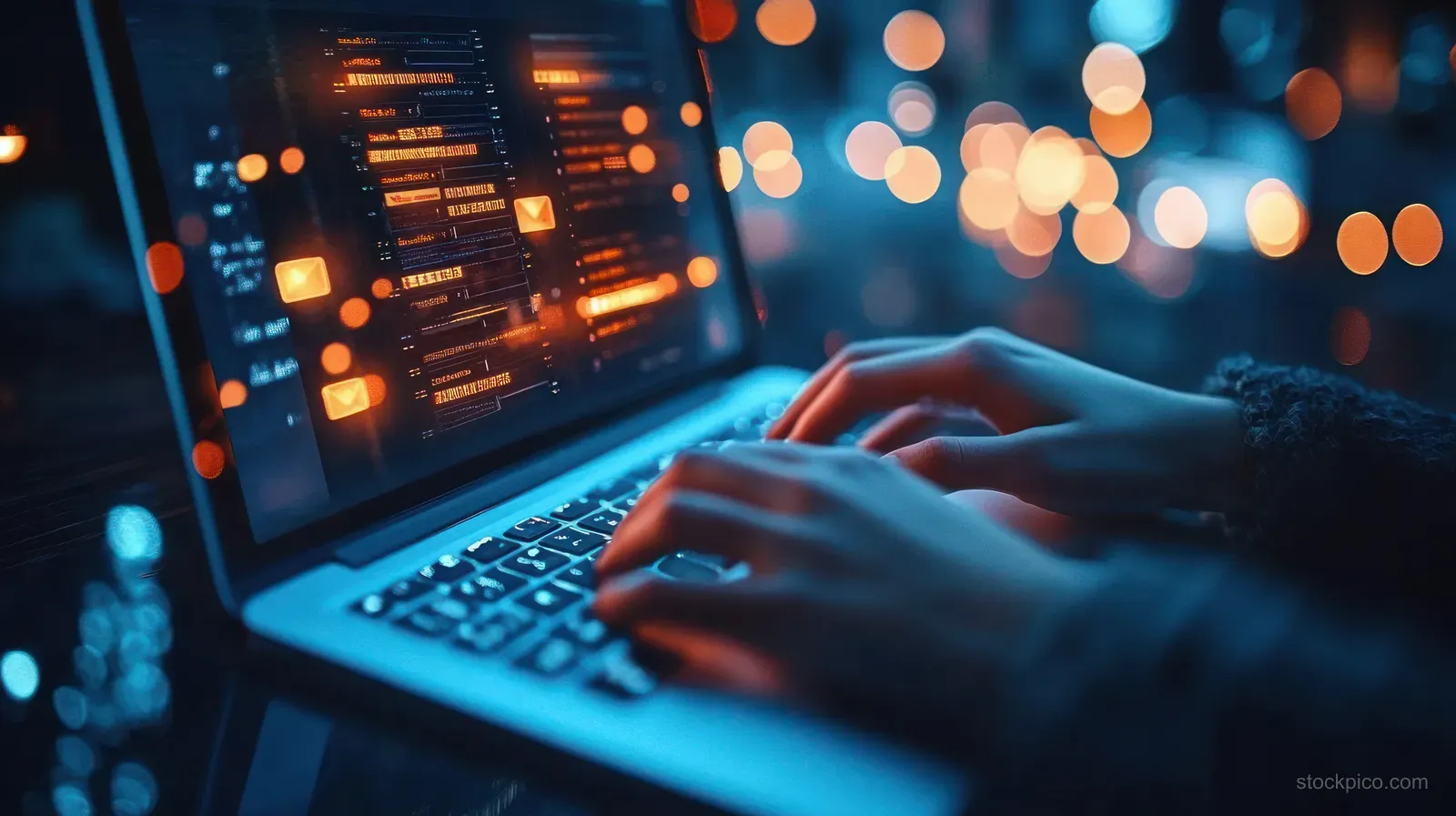 A businessman’s hands type on a laptop displaying cloud download and cyber security interface icons.