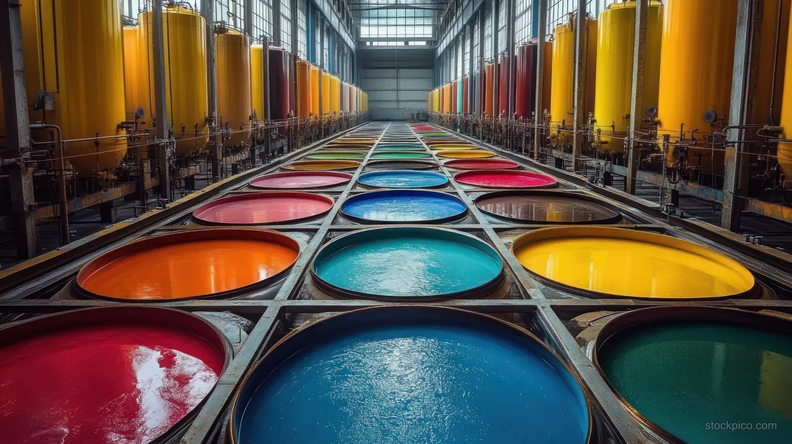 An industrial warehouse aisle lined with open tanks containing blue, red, orange, yellow, and green liquids.