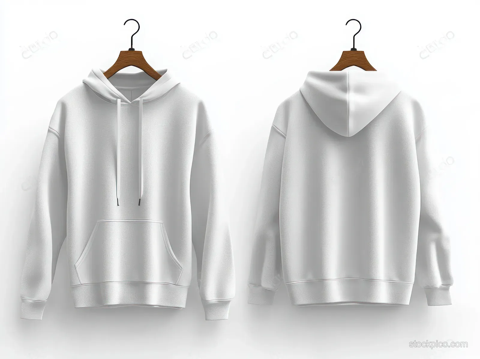White hoodie front and back displayed on wooden hangers with soft studio lighting and subtle shadows.