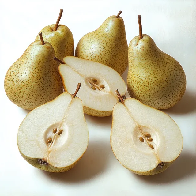 Ripe pears, whole and halved, arranged on a white background with visible seed cavities and stems.