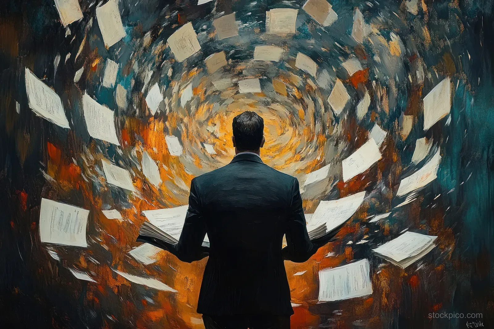 A suited man reads an open book as swirling paper pages surround him in a dark orange-lit vortex.