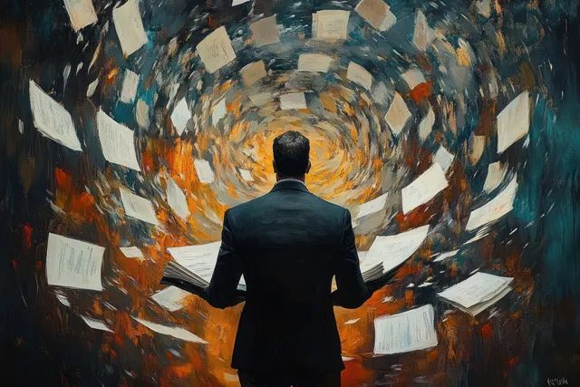 Man in suit reading open book as paper pages swirl in a dark orange vortex