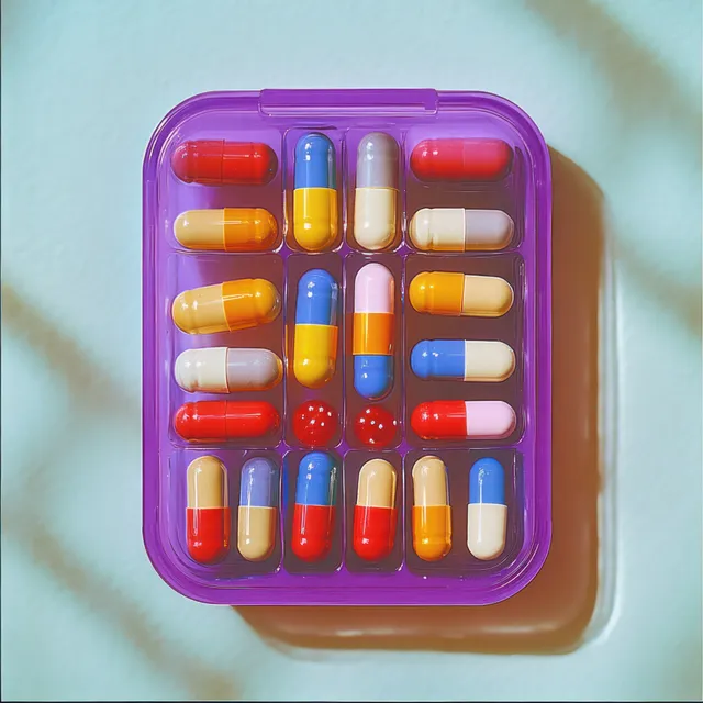 Purple pill organizer tray with colorful capsules and red tablets arranged on a pale surface.