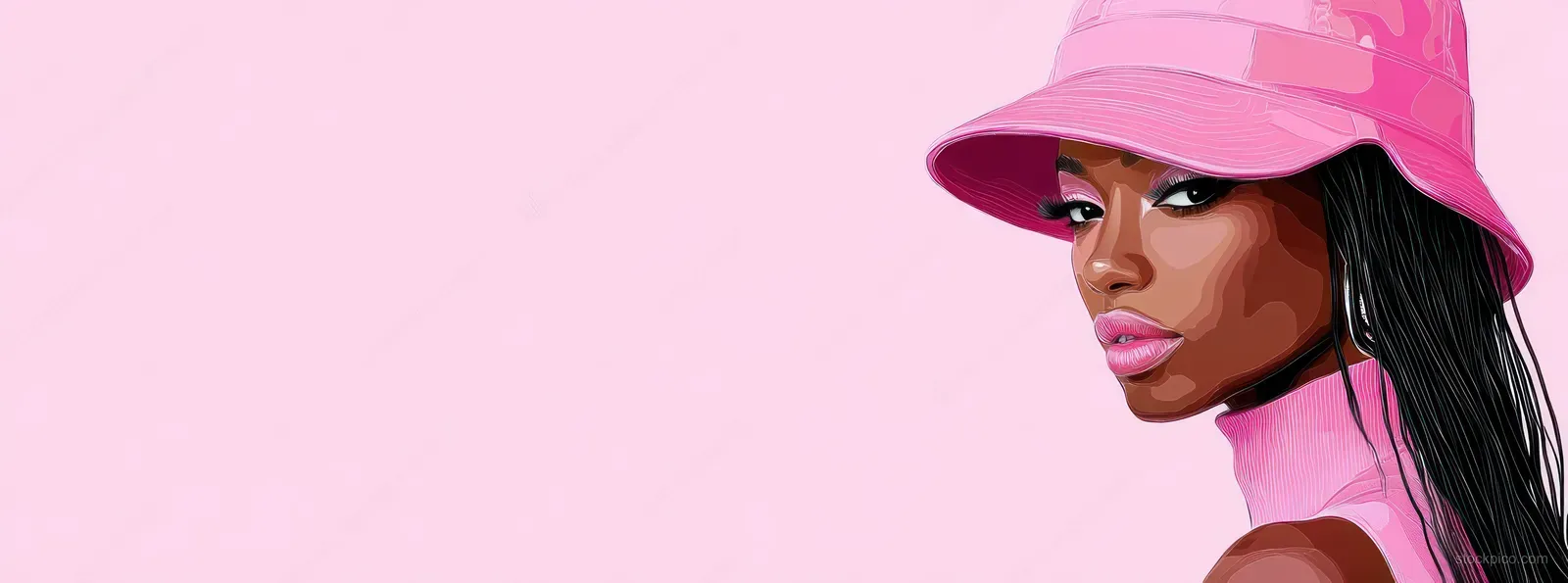 Illustration of a Black woman wearing a pink bucket hat against a pastel pink background.