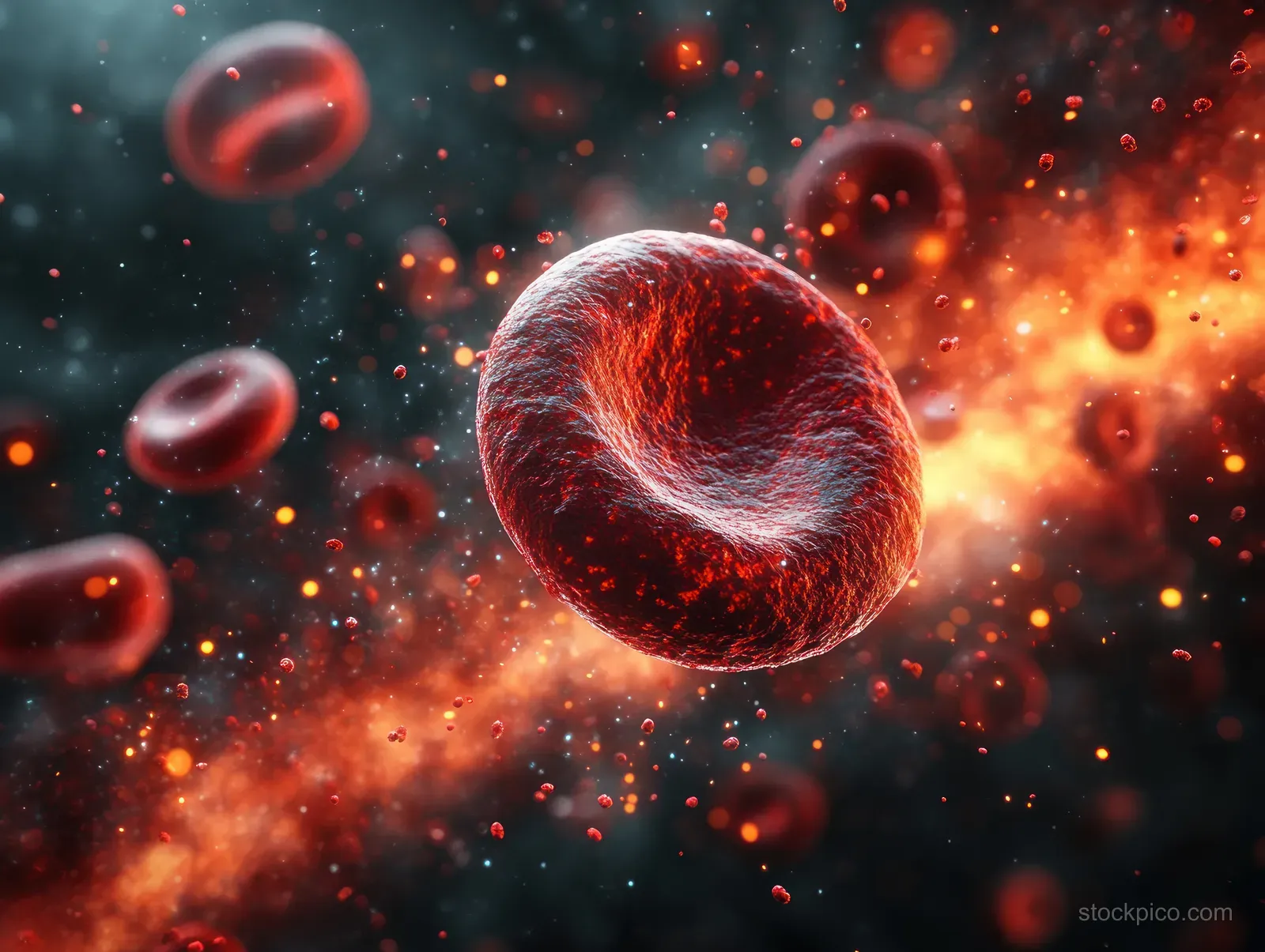A large immune cell surrounded by glowing cytokine particles interacts with red blood cells in an orange viral inflammation scene.