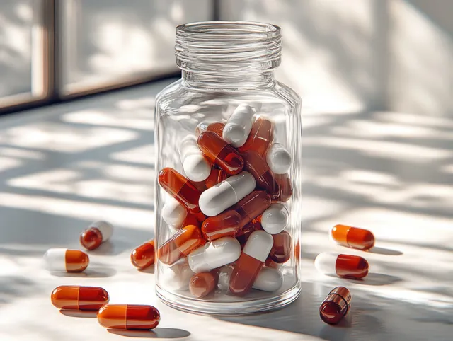 Clear glass medicine bottle filled with red and white capsules with scattered pills on a sunlit table.
