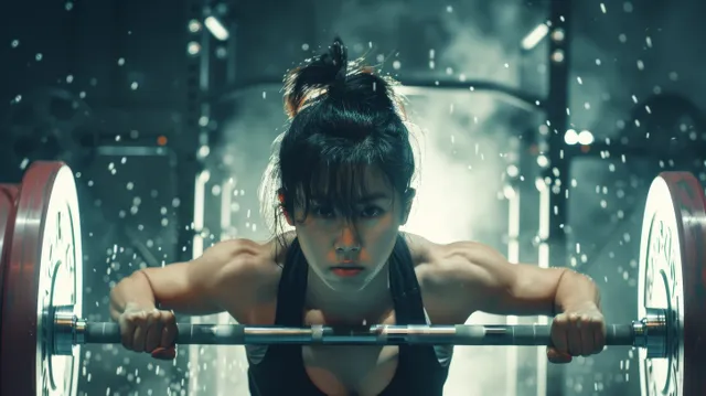 A female weightlifter in a gym braces under a heavy barbell with chalk dust floating around.