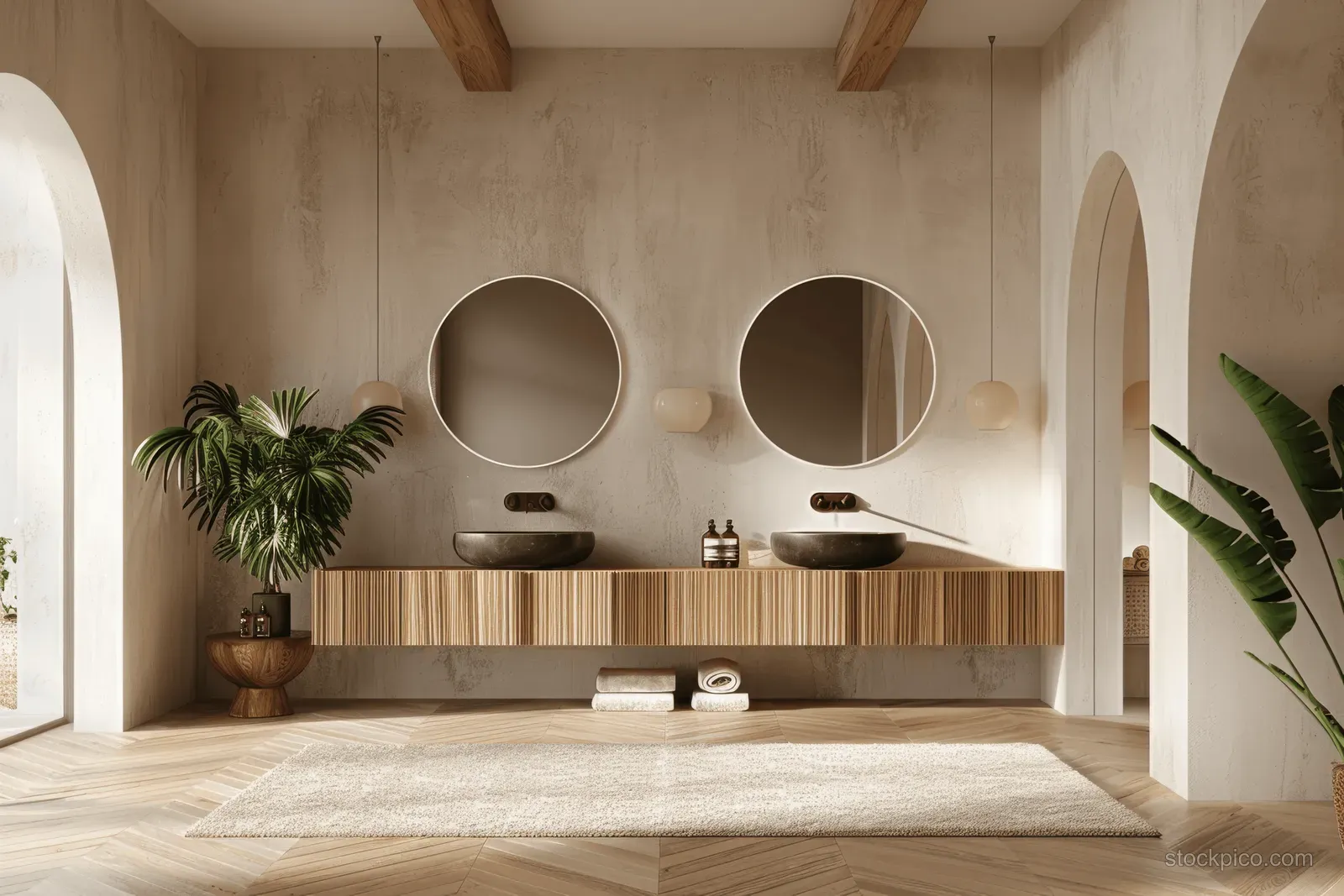 Minimalist bathroom with round mirrors, wooden vanity and two vessel sinks, warm neutral walls, and potted plants.
