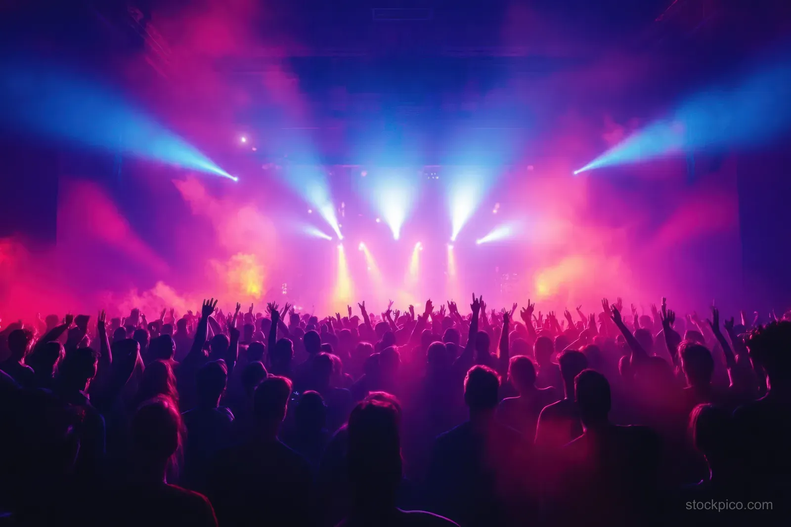 A cheering crowd raises hands in a dark concert hall under blue, pink, and purple stage lights.