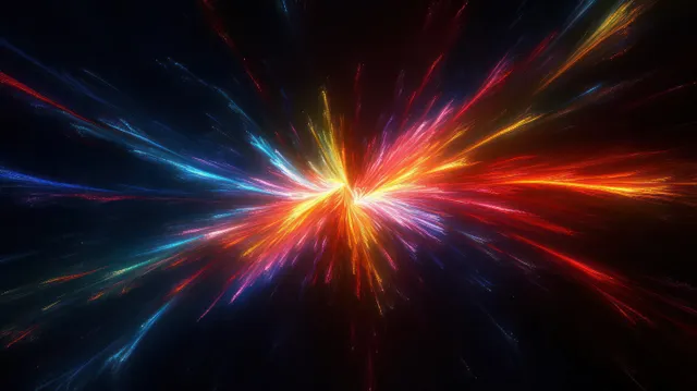 Multicolor light streaks radiate from a central burst over a dark background, forming an electric explosion effect.