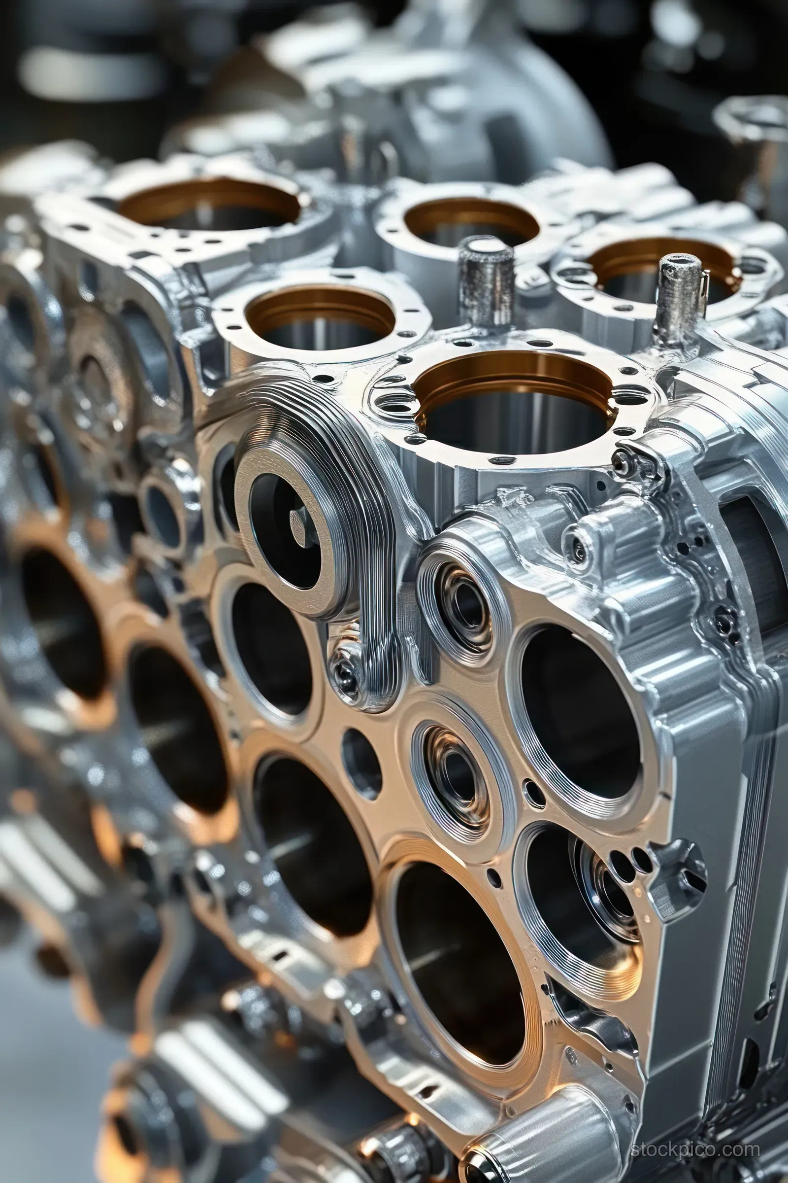 Polished machined engine block close-up showing multiple circular cylinder openings and detailed metal surfaces.