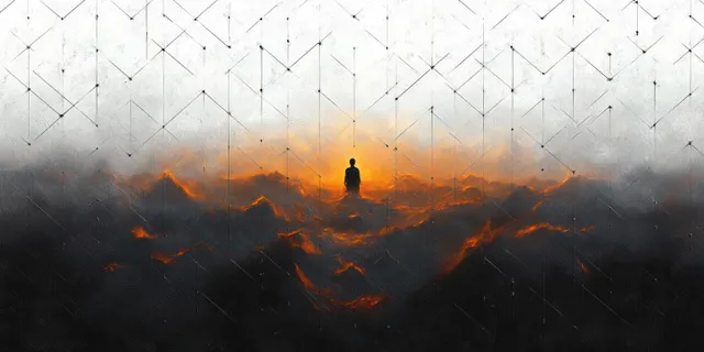 Meditative silhouette floating above glowing orange and black textured waves with geometric linework