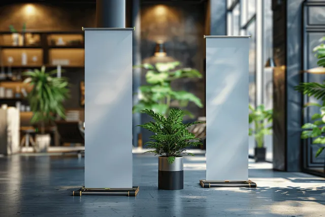 Two blank roll-up banner stands stand in a modern office lobby with potted plants in the background.