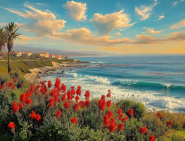 Red flowers and green coastal plants grow on a cliff while waves crash along the shoreline under a partly cloudy sky.