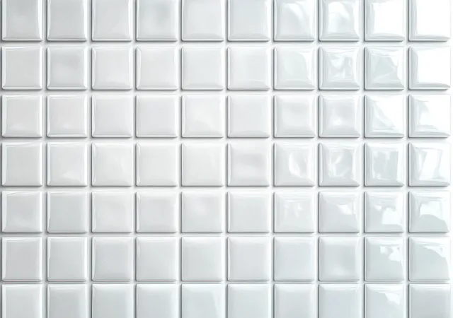 White textured ceramic square tiles arranged in a grid with glossy and matte finishes and light reflections.