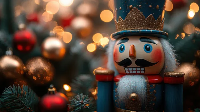 Nutcracker ornament wearing a jeweled crown stands among pine branches with warm Christmas lights bokeh behind.