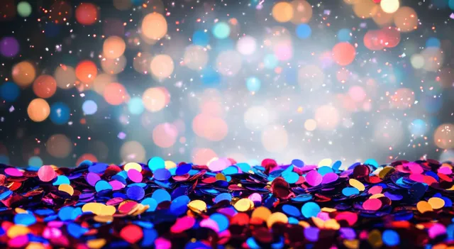 Colorful confetti and purple streamers fill the bottom, with glowing bokeh light orbs across a dark party background.