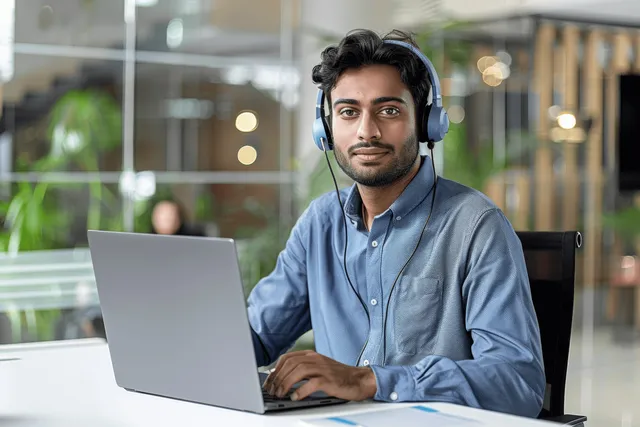 Indian call center agent wearing a headset sits at a laptop desk inside a modern office.