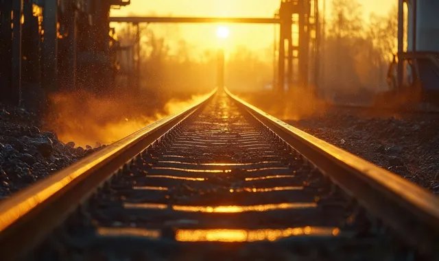 Sunset railway tracks glowing with warm mist and golden light toward the horizon