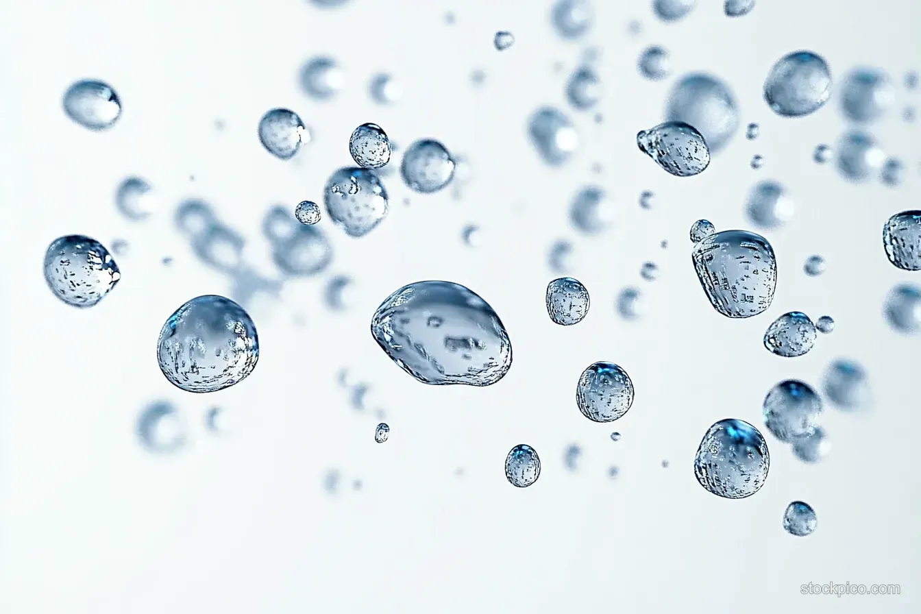 Multiple clear water droplets float in the air, each reflecting light against a soft blue background.